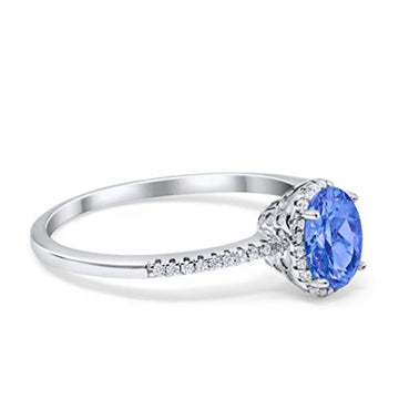 Halo Fashion Oval Ring Simulated Tanzanite CZ Accent 925 Sterling Silver